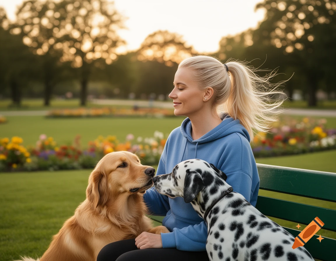 A blonde woman in a blue hoodie sits on a park bench with a golden retriever and a Dalmatian, who are touching noses.