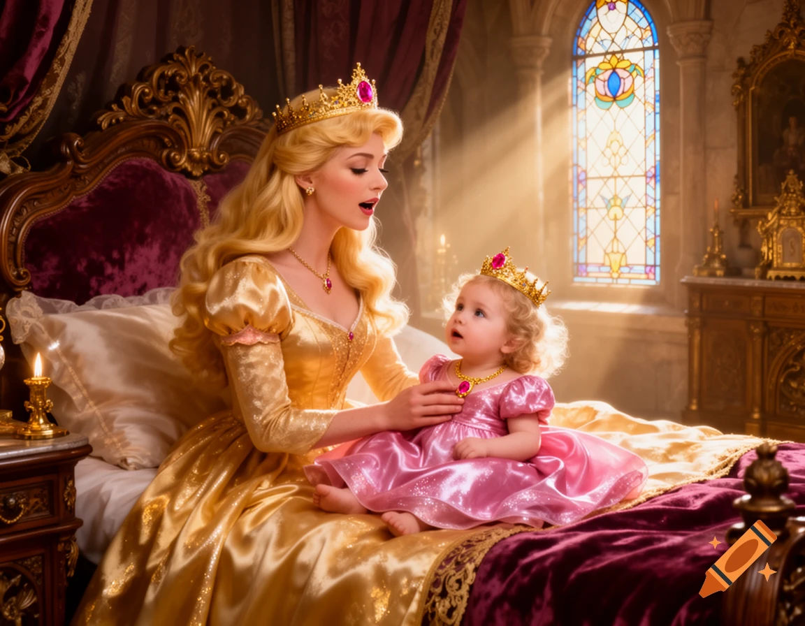 A queen in a golden dress sings to a baby princess in a pink dress on a luxurious bed in a sunlit castle room.