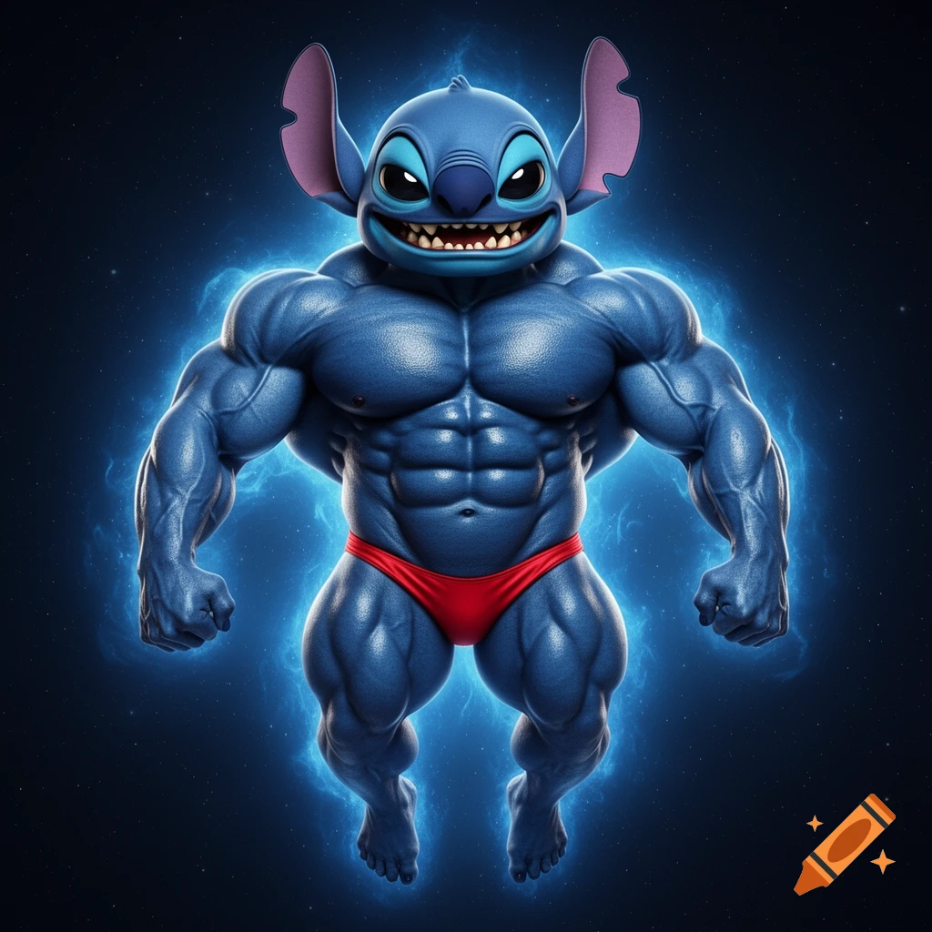 A hyper-muscular Stitch from Lilo & Stitch, wearing a red posing thong, floating in space surrounded by a blue aura. Photorealistic style.