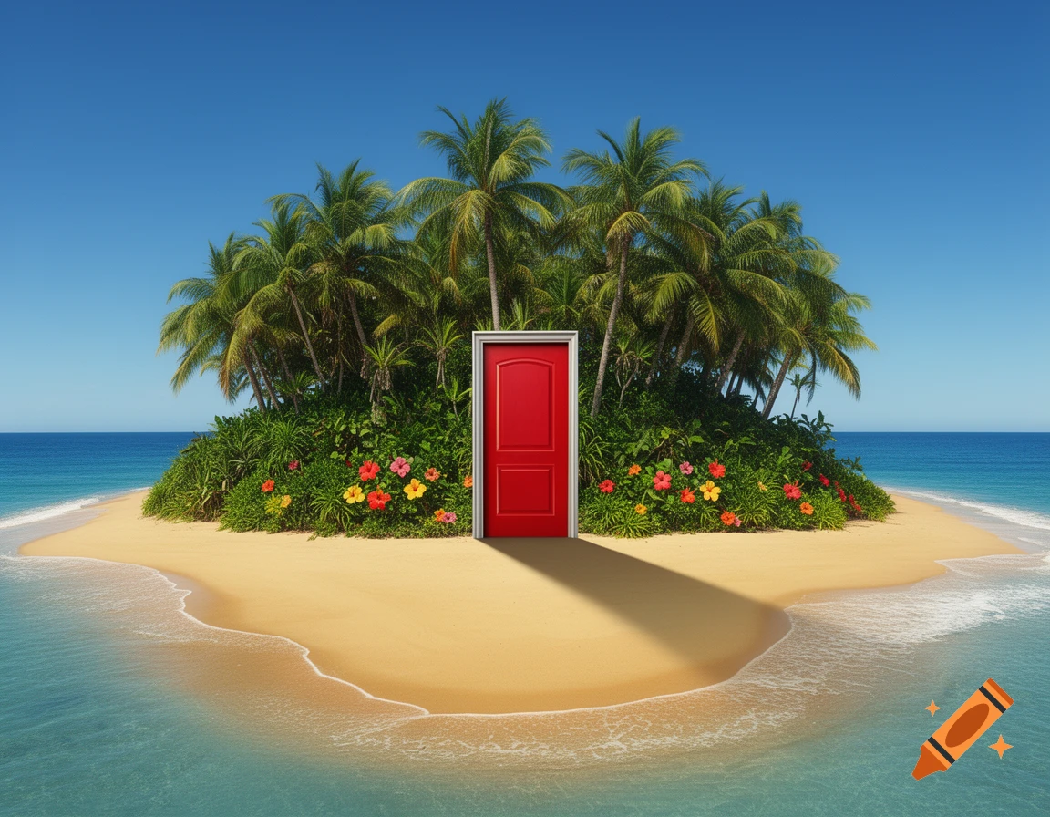 A vibrant red door stands on a tropical island with palm trees, flowers, and a blue ocean.