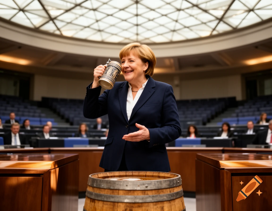 Angela Merkel smiles, raising a beer stein while standing behind a wooden barrel in a large hall.
