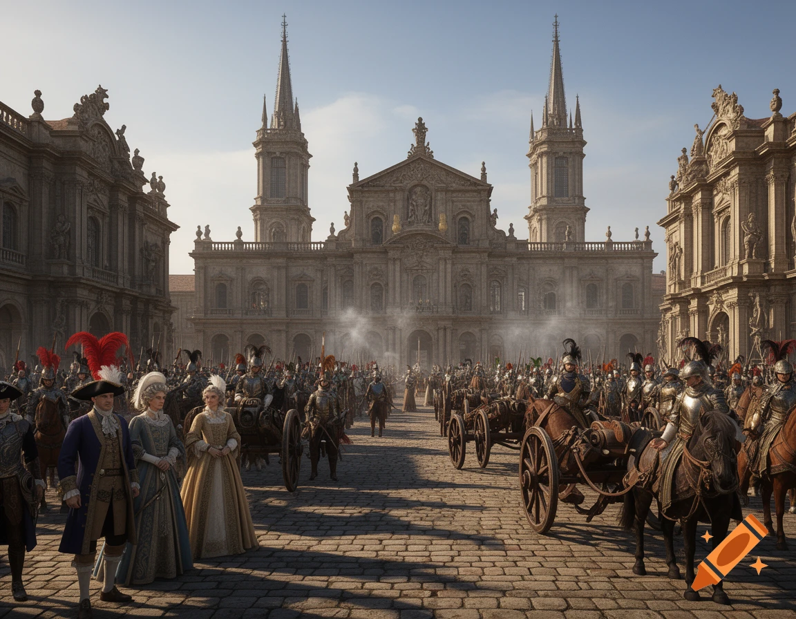 A grand plaza in front of an ornate baroque-style building, filled with soldiers in 18th-century armor and uniforms, and elegantly dressed people.