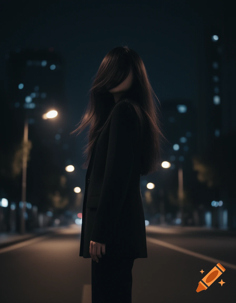 Woman with long dark hair covering her face, wearing a dark blazer, stands on a city street at night with blurry streetlights.
