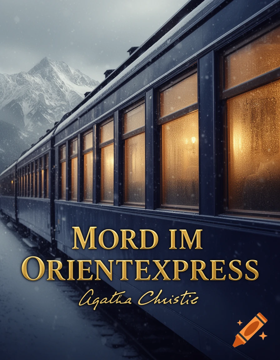 Book cover for 'Mord im Orientexpress' showing a dark blue train in a snowy mountain landscape with glowing windows.