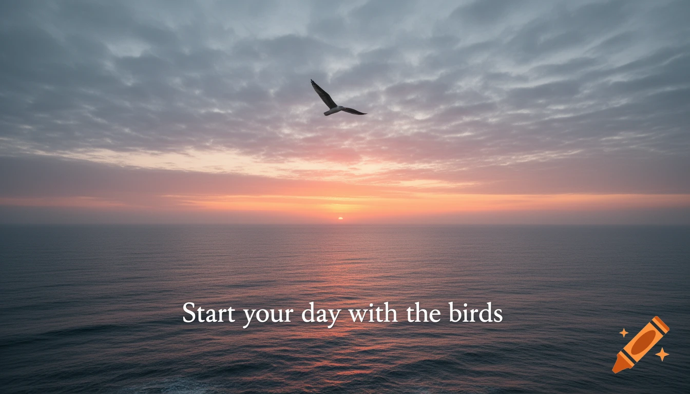 Photorealistic image of a bird flying over a calm ocean as the sun rises, with "Start your day with the birds" text.