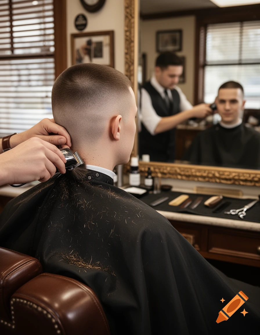 A barber gives a man a buzzcut in a barbershop, with cut hair on his cape. The client's reflection is in the mirror.
