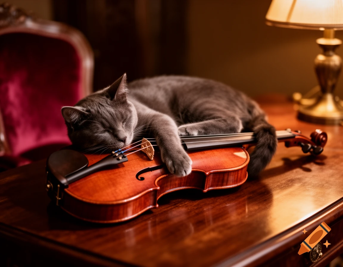 A sleeping gray cat rests on a wooden violin placed on a table, with a red velvet chair and lamp nearby.