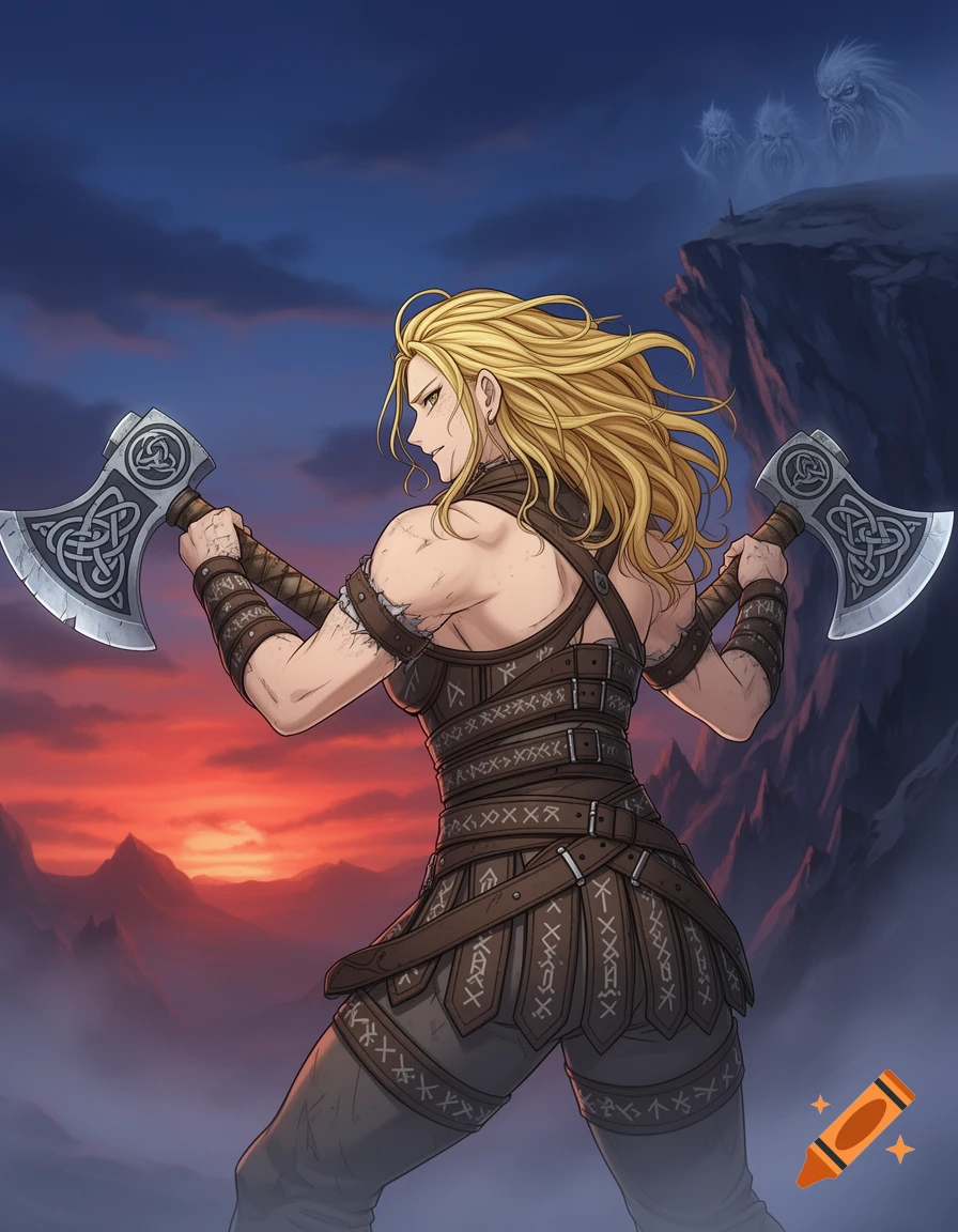Illustrated female Viking berserker with blonde hair, holding two axes and posing against a dramatic sunset and mountains.