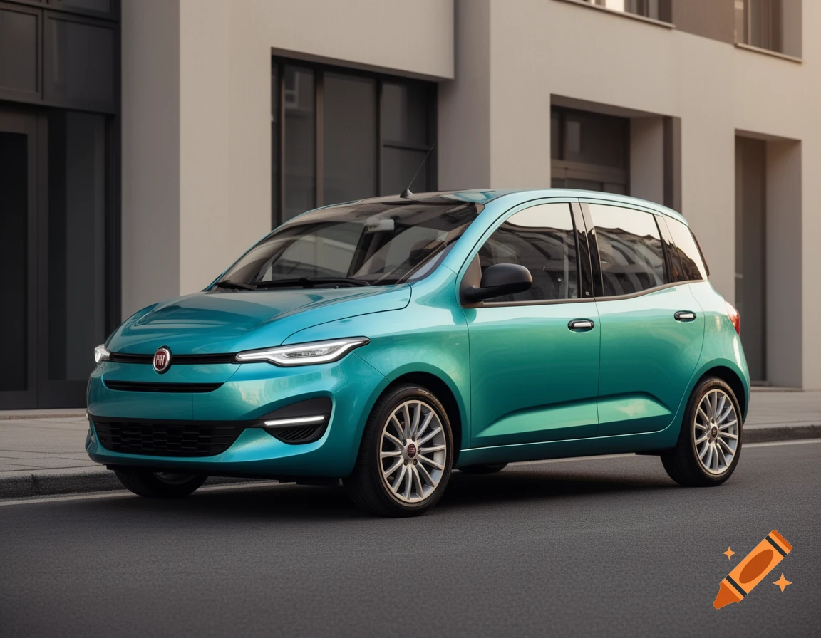 Photorealistic image of a turquoise-metallic Fiat Multipla car parked on an asphalt street in front of a modern building.