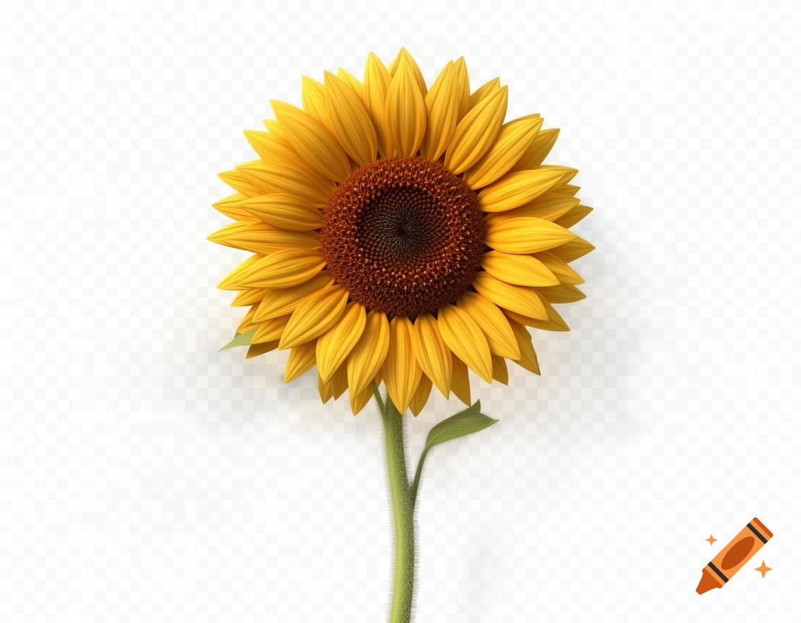 A 3D rendering of a vibrant yellow sunflower with a brown center and a green stem on a transparent background.