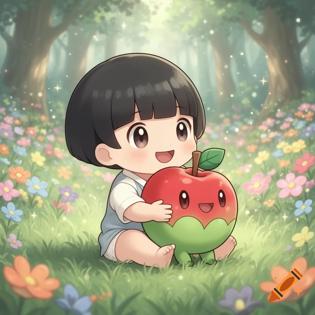 Chibi-style Asian baby with short black hair happily hugs a cute Applin Pokémon in a whimsical flower-filled forest.