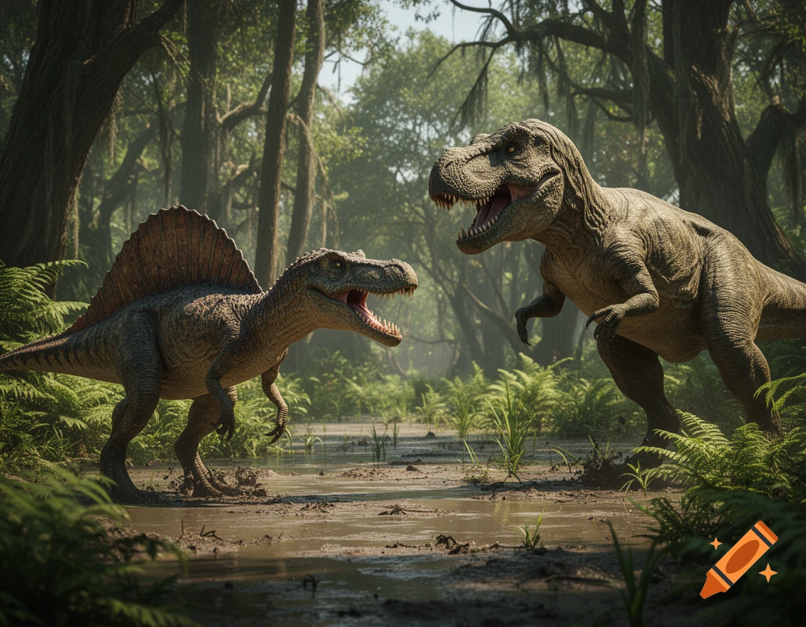 A Spinosaurus and a T-Rex stand facing each other in a muddy, lush jungle clearing, depicted in a realistic style.