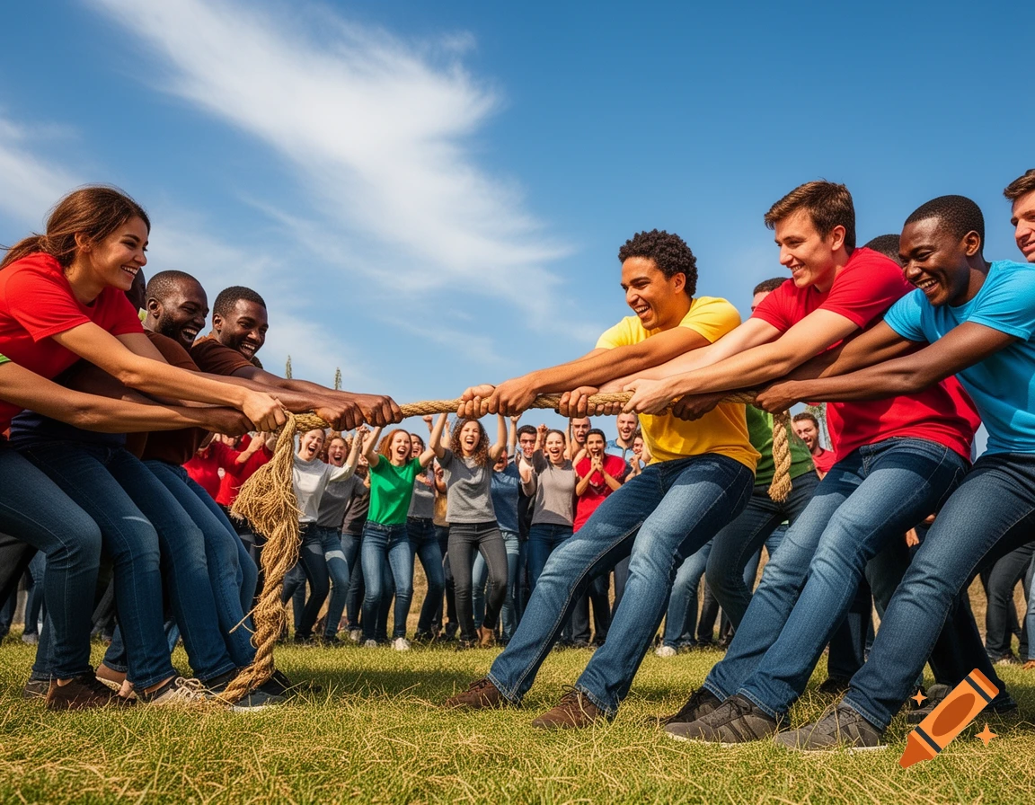 A diverse group of young adults enthusiastically plays tug-of-war on a grassy field under a bright blue sky, with a cheering crowd in the background.
