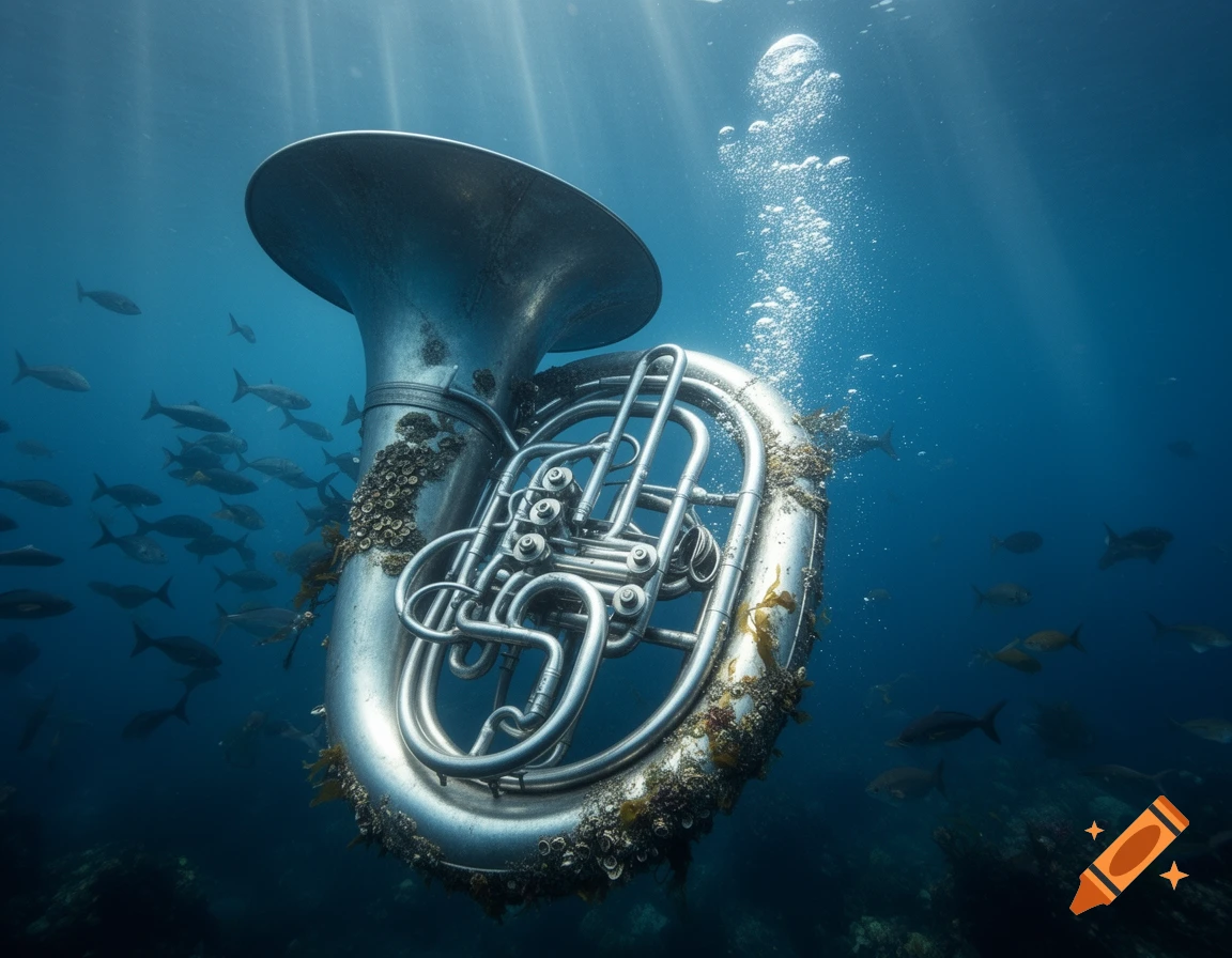 A photorealistic image of a barnacle-covered silver tuba submerged underwater, surrounded by fish and sun rays.