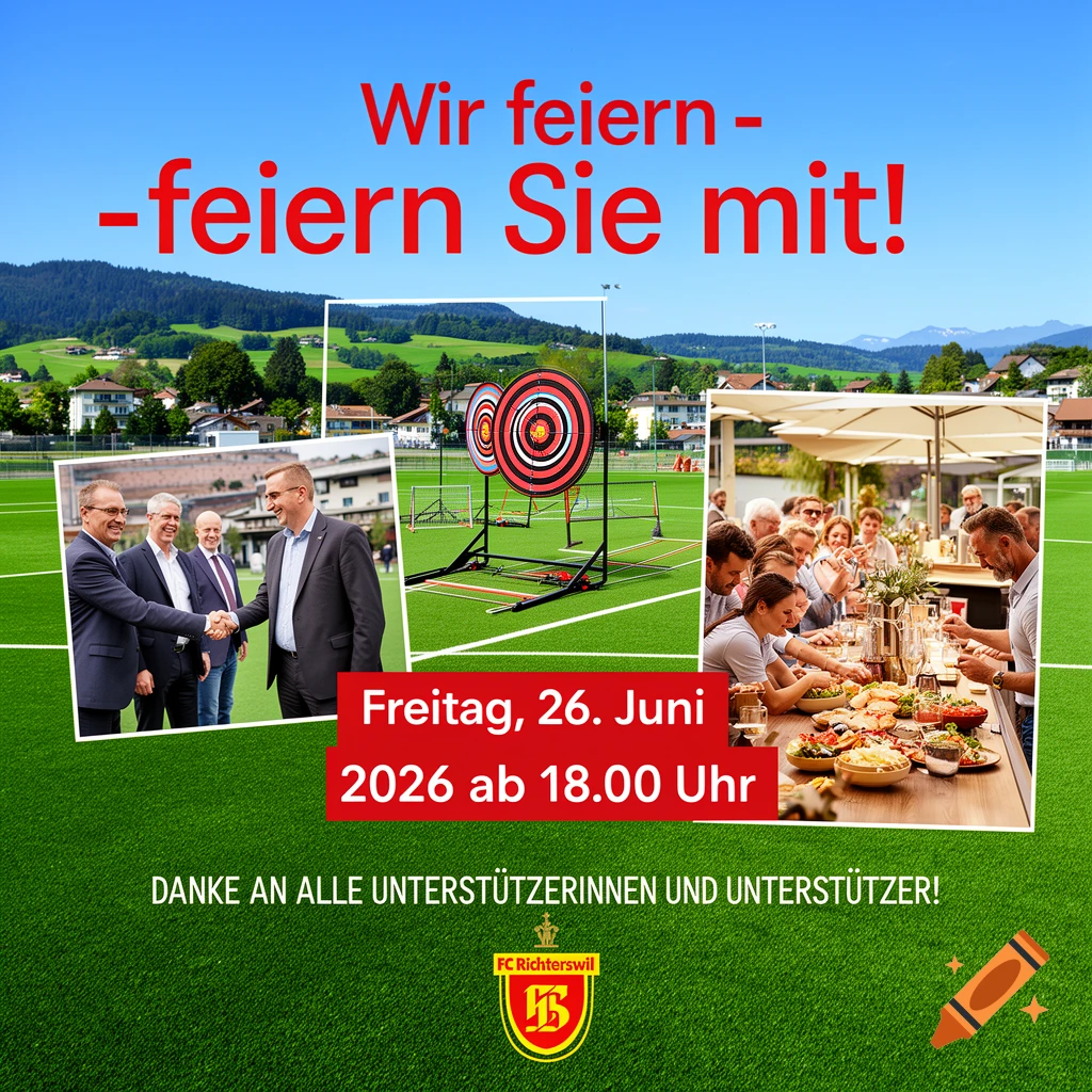 Promotional graphic for FC Richterswil's turf opening event, showing people, archery targets, and text in German.