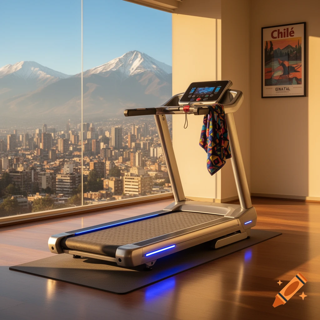 A modern treadmill with blue lights sits on a black mat in a room with a large window overlooking a city skyline and snowy mountains at sunrise. A colorful towel hangs on the treadmill.