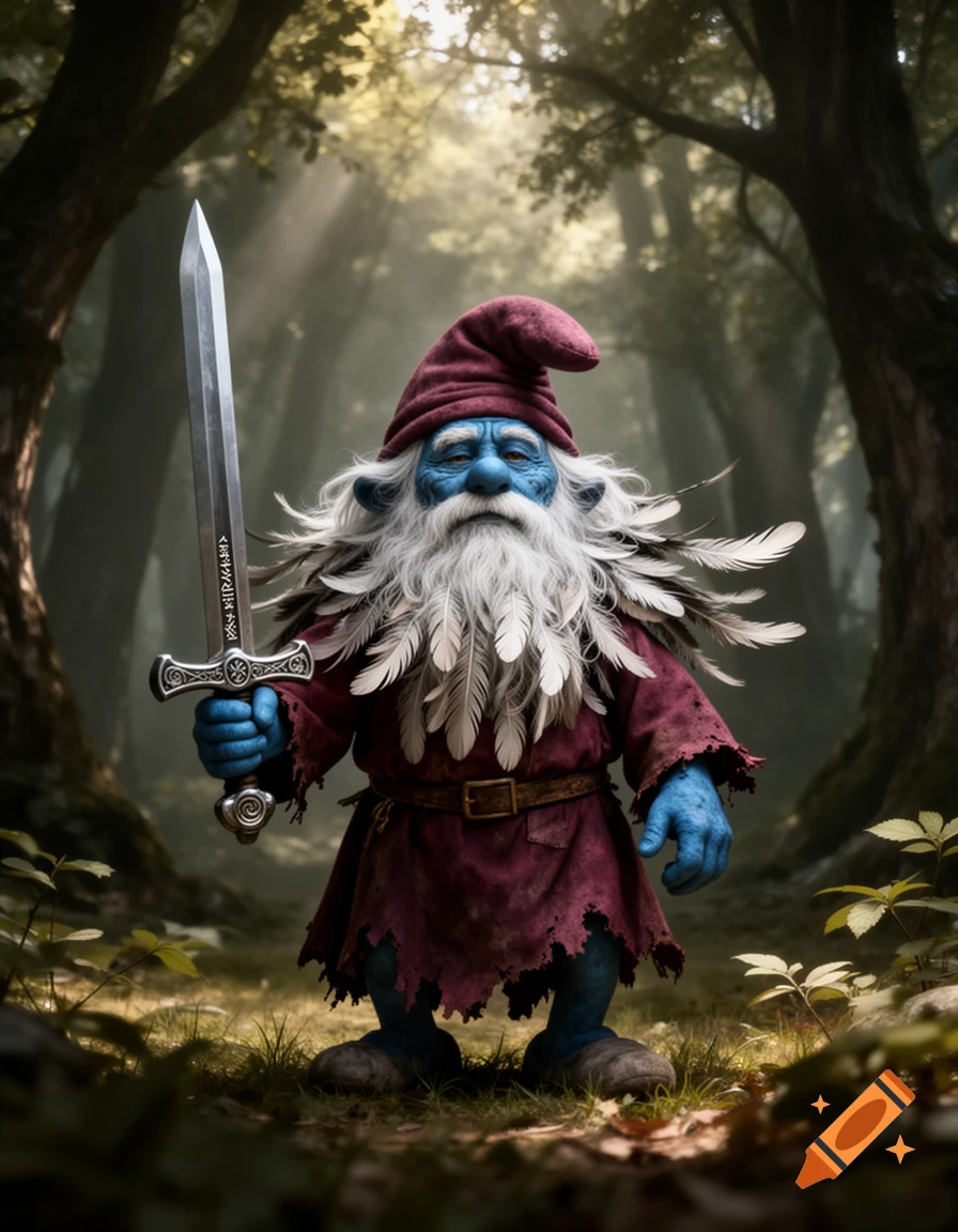 A photorealistic, grim gnome resembling Papa Smurf with a feather beard and pointed hat holds a great sword in a misty forest.