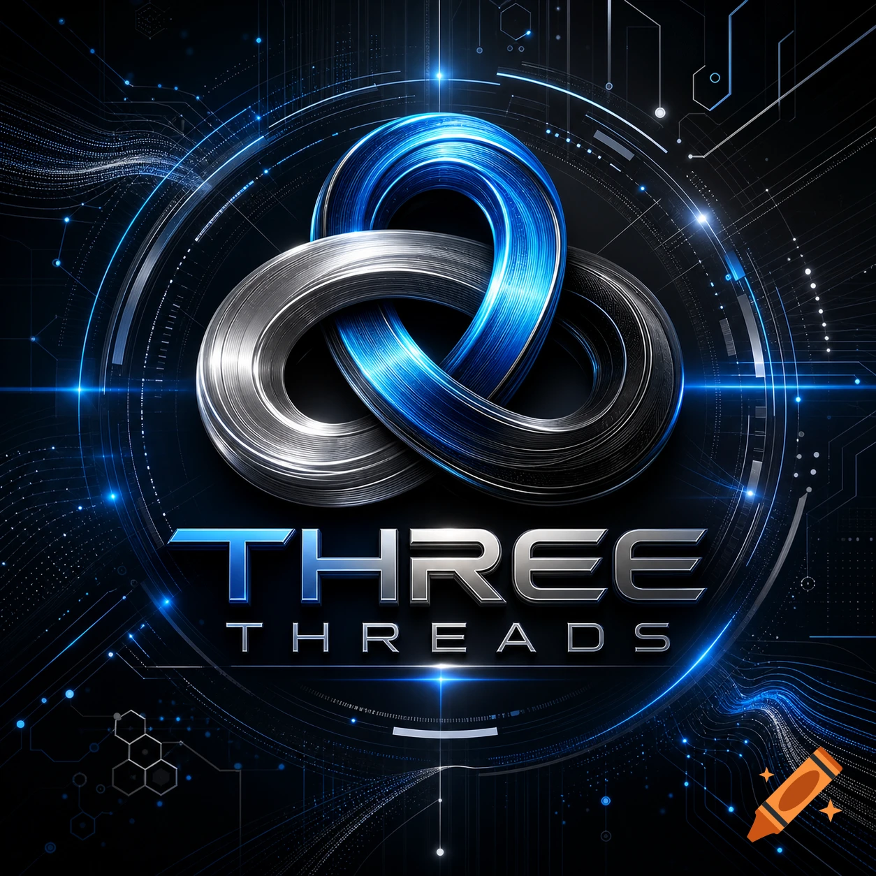 Futuristic logo with blue, silver, and black metallic rings over a circuit board background and 'THREE THREADS' text.
