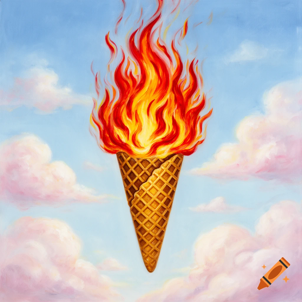 A surreal painted image of an ice cream cone with fiery flames replacing the scoop, floating in a sky with soft pink and white clouds.