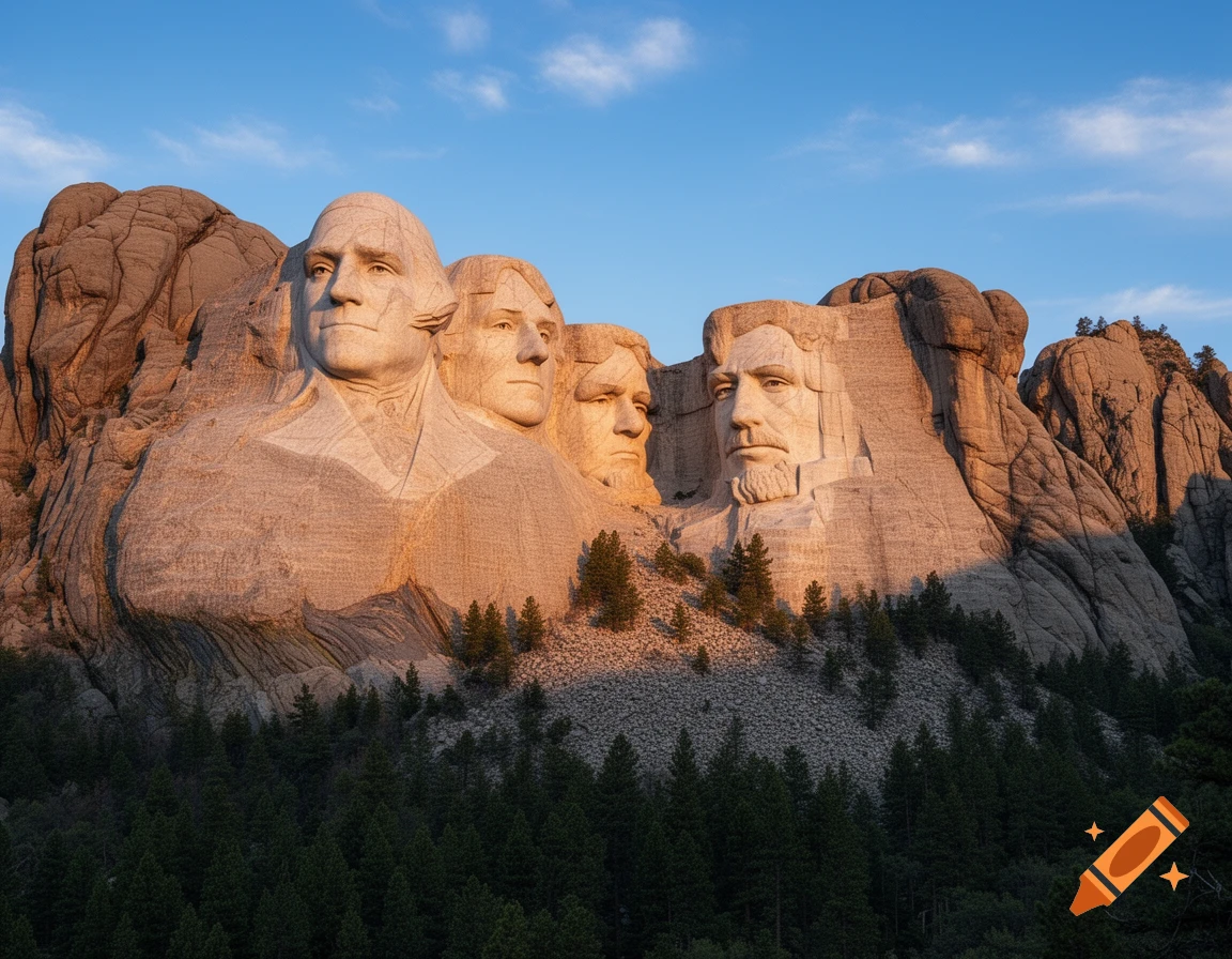 Photorealistic Mount Rushmore featuring four rock musician faces carved into the mountain, bathed in golden hour light.