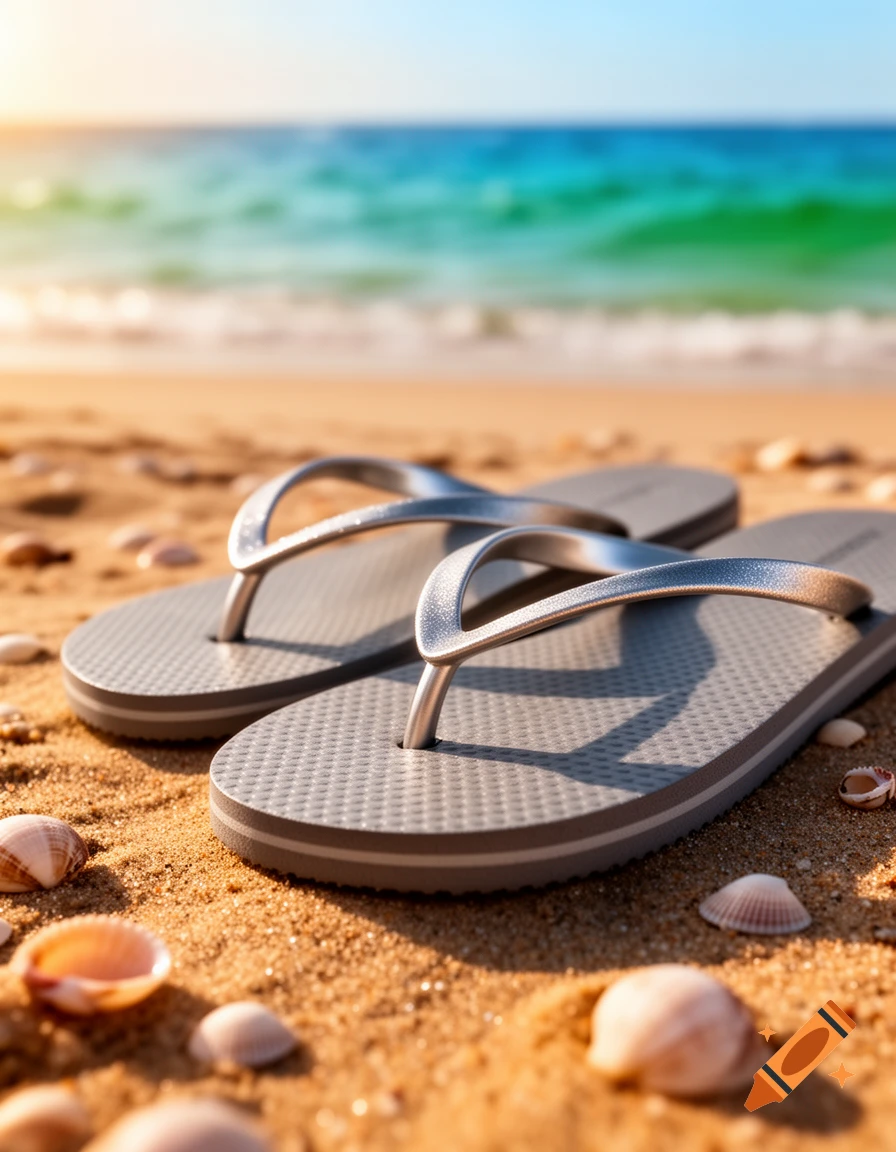 Photorealistic image of grey flip-flops on a sandy beach with seashells and ocean in the background.