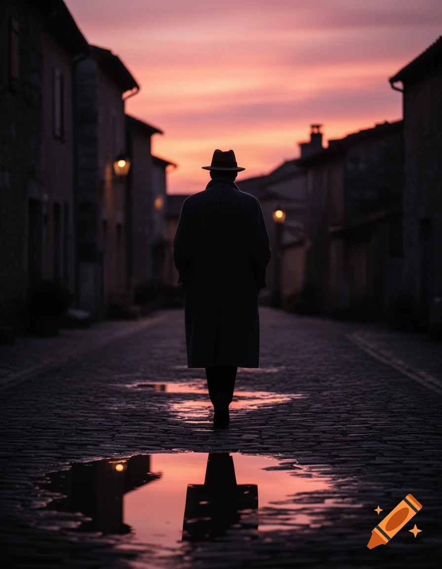 A lone figure in a trench coat and hat walks down a cobblestone street at sunset, with the colorful sky reflecting in puddles.