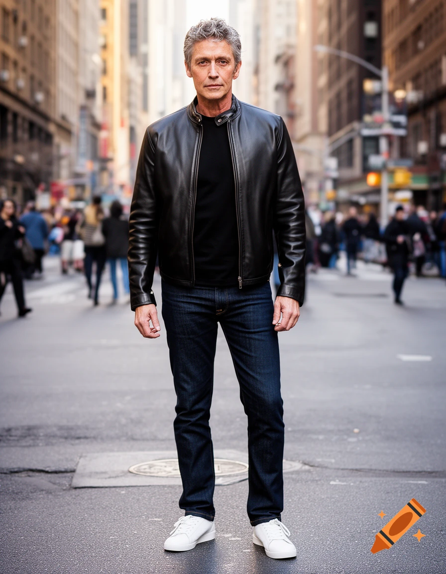 A man with gray hair in a black leather jacket, t-shirt, jeans, and white sneakers stands in a bustling city street.