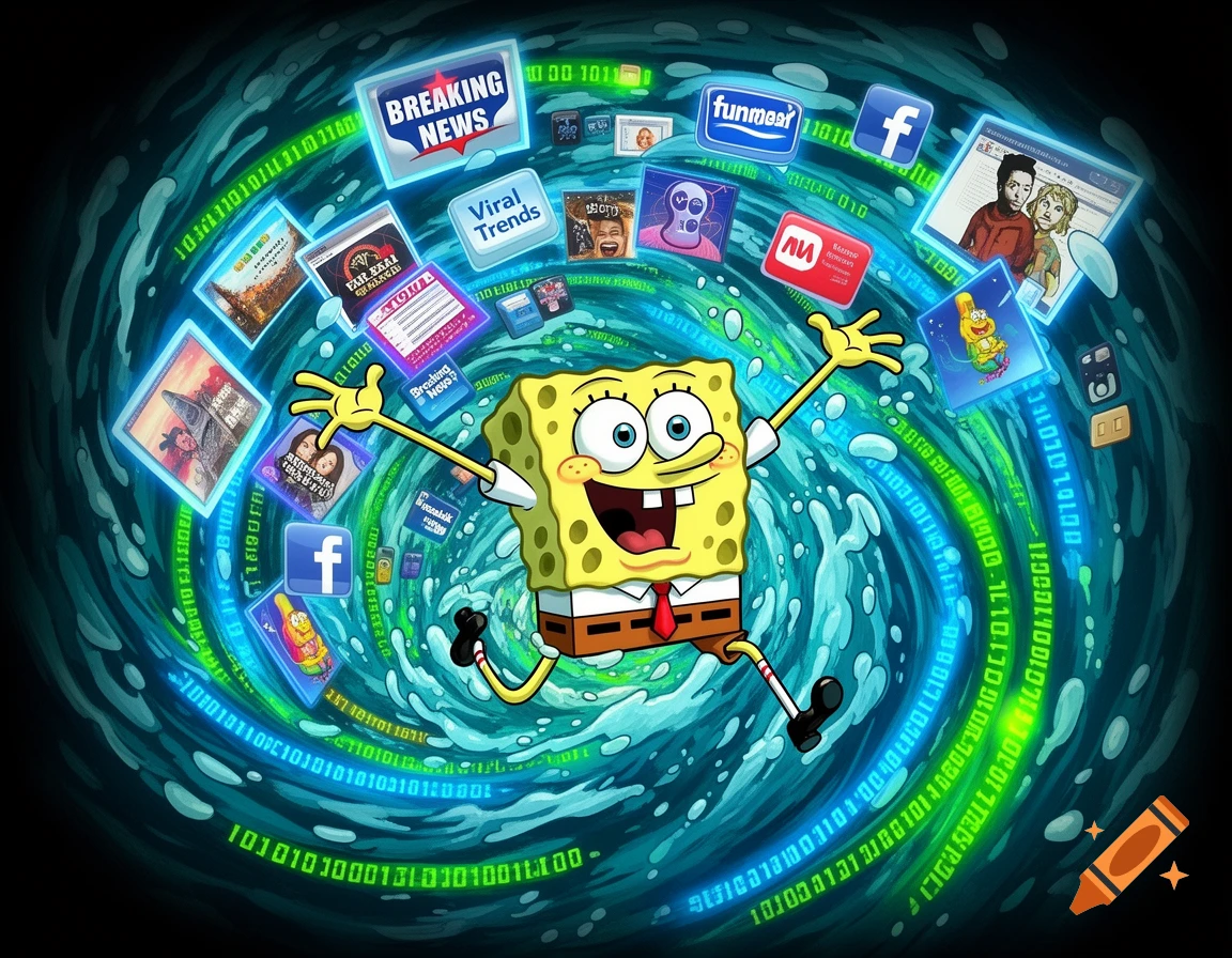 SpongeBob SquarePants joyfully struggling in a swirling vortex of binary code and glowing screens with social media icons and news headlines, in a digital art style.