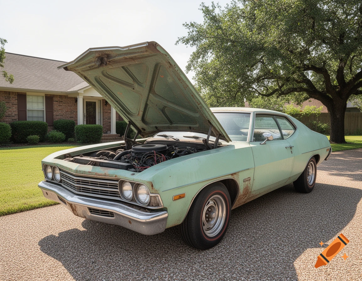 A light green vintage car with its hood open is parked on a gravel driveway in front of a brick house on a sunny day.