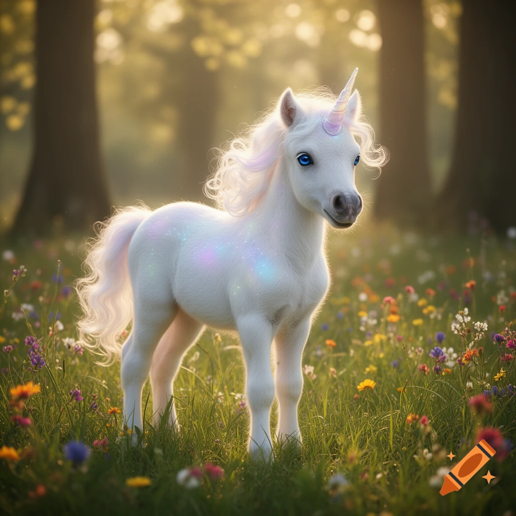 A white baby unicorn with a pastel horn and blue eyes stands in a sunlit meadow among colorful wildflowers, looking photorealistic.