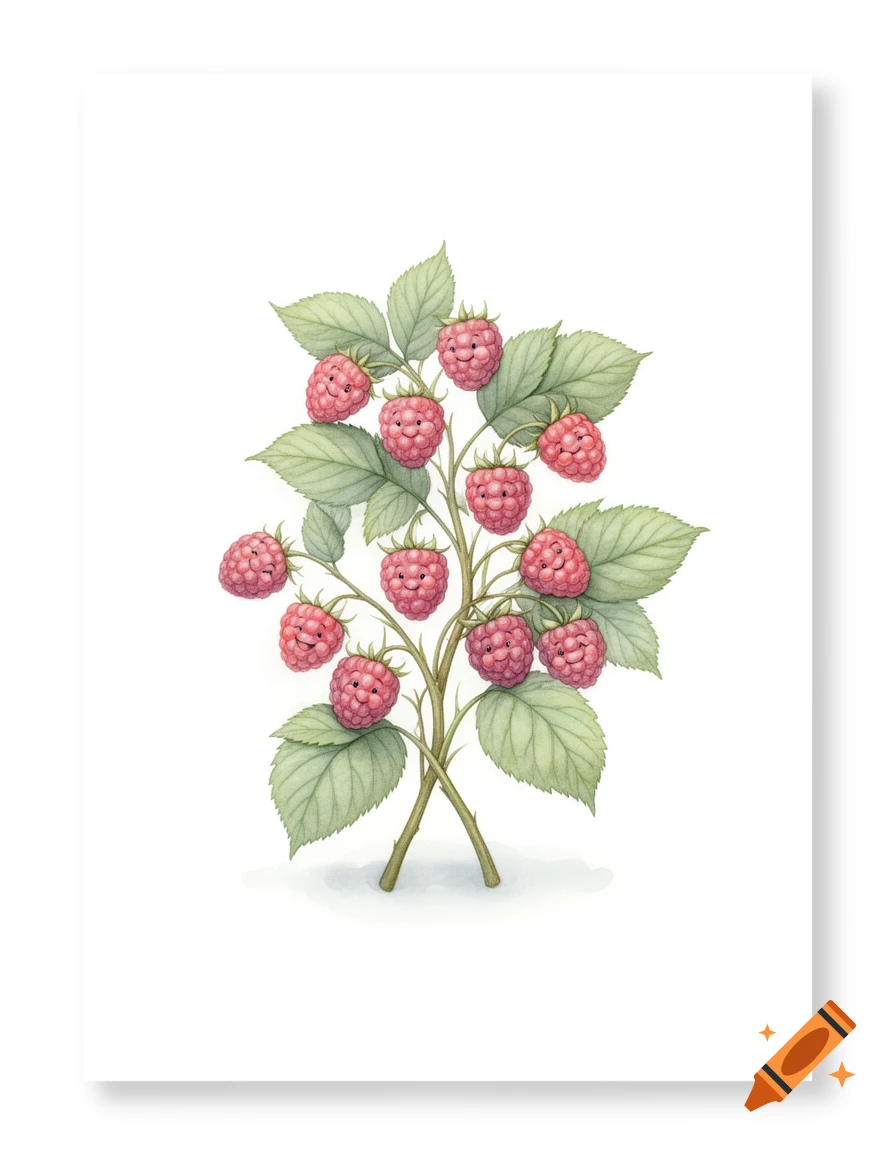 A watercolor illustration of a raspberry bush with smiling raspberries and green leaves on a white background.