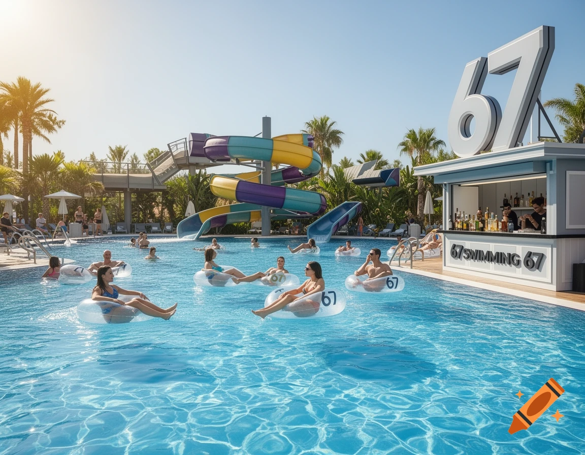 A bright, sunny outdoor swimming pool at a resort with a water slide and a bar. People are relaxing on "67" inner tubes in the clear blue water.