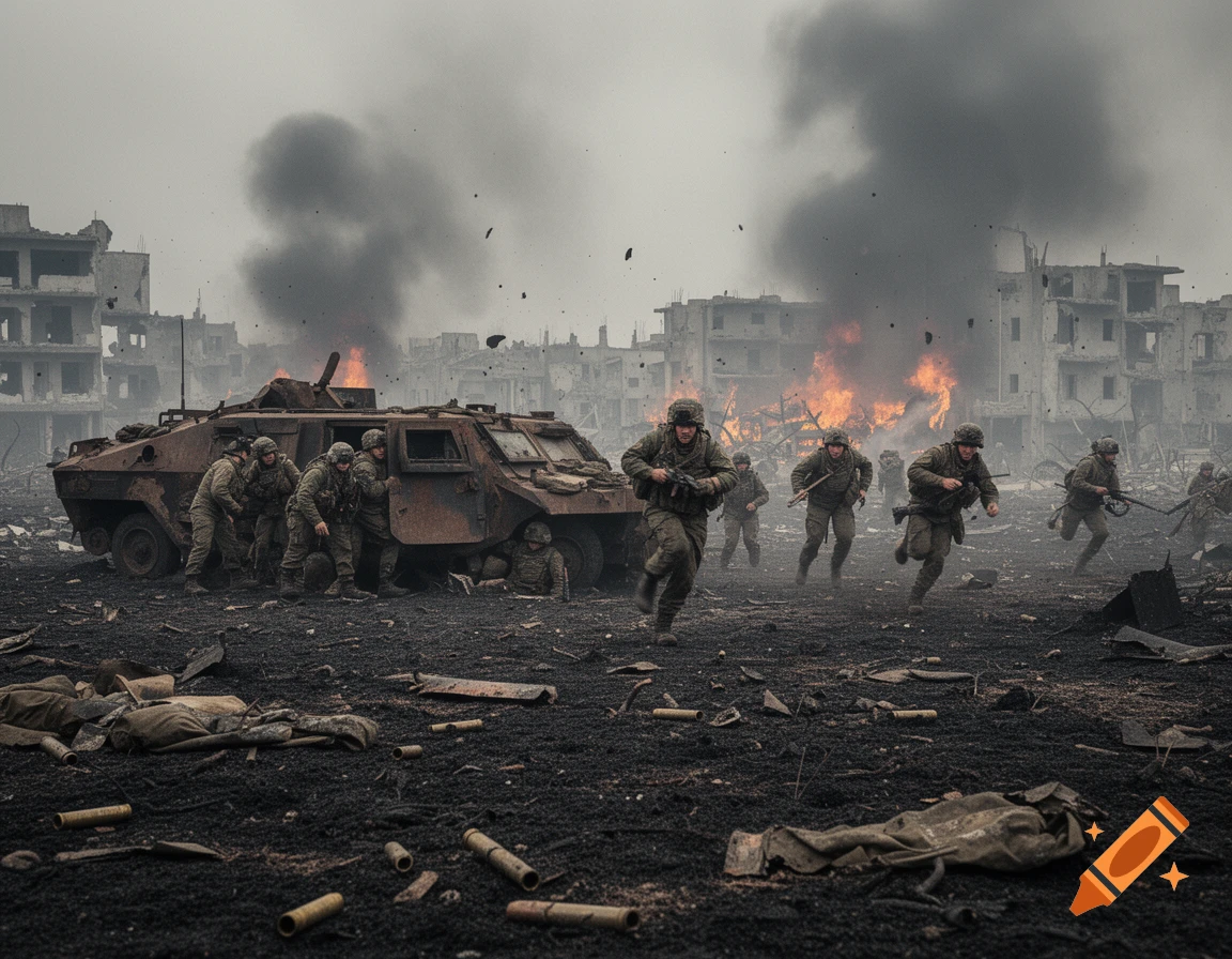 Soldiers run past a damaged armored vehicle amidst explosions and smoke in a destroyed city.