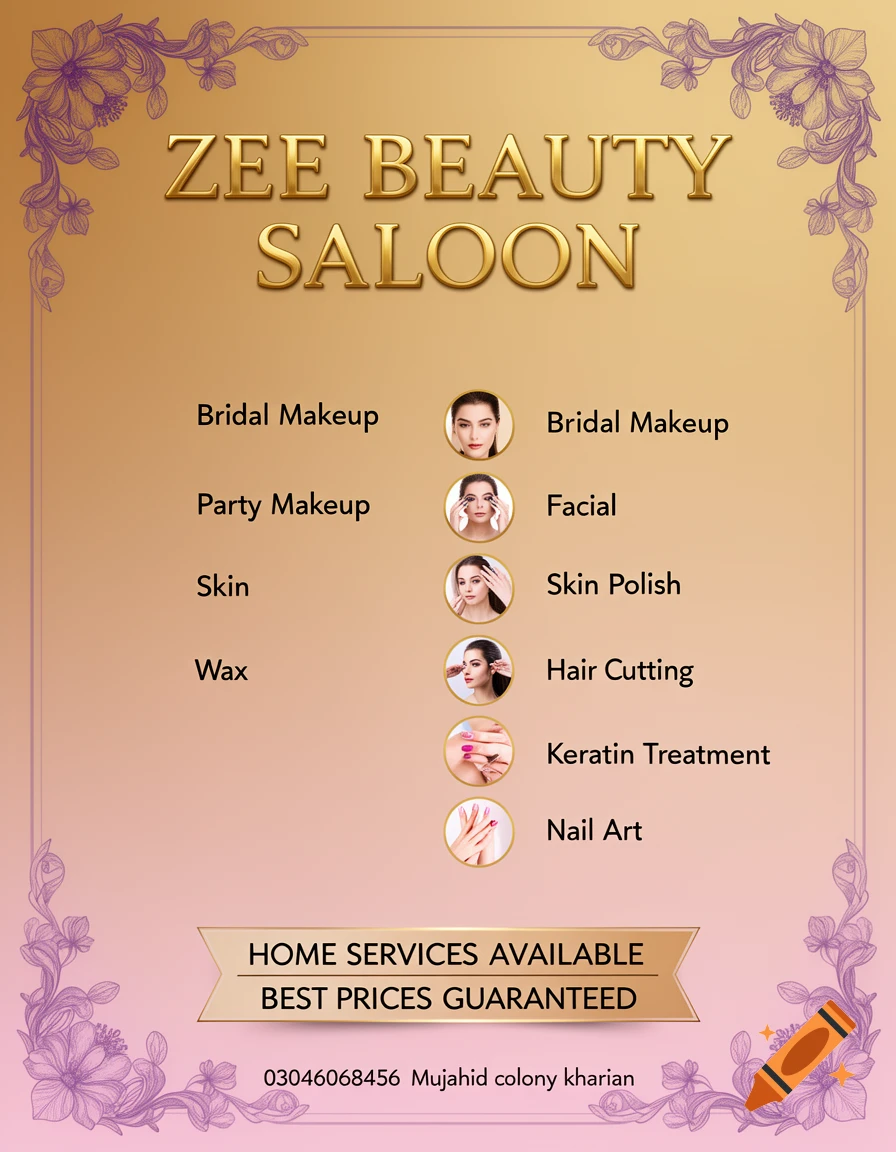 A professional beauty salon services menu poster with a gold and pink gradient background, purple floral patterns, and text listing services like bridal makeup, facial, and nail art.