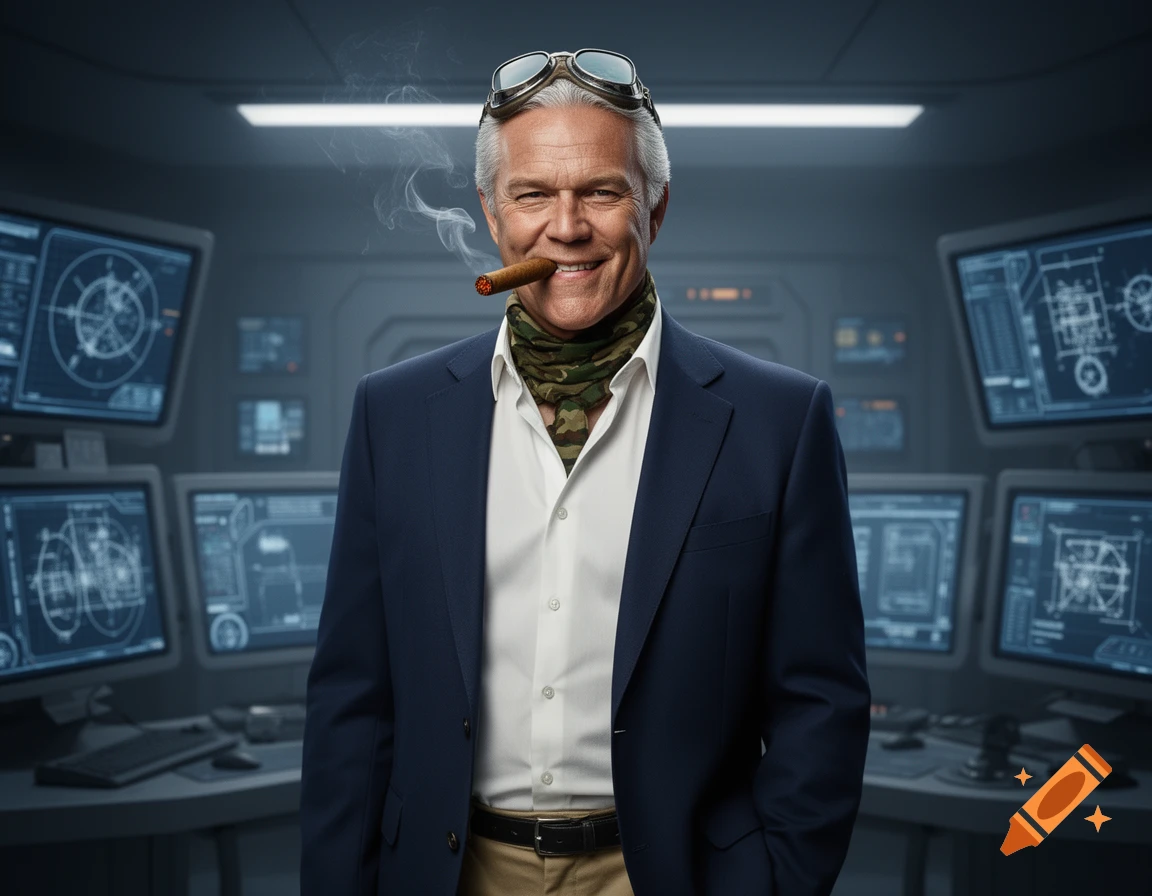 A smiling older man with goggles and a cigar, wearing a suit and camo scarf, stands in a futuristic control room.