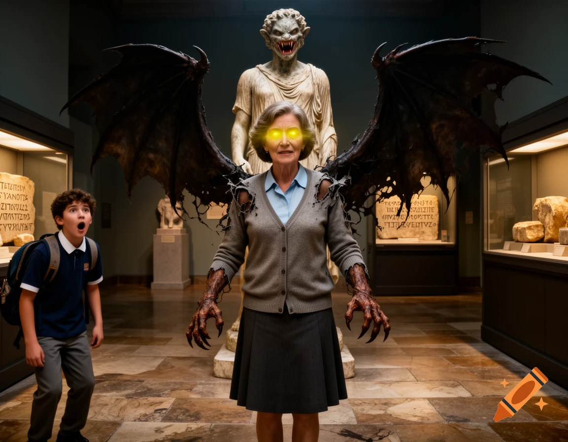 A schoolteacher transforms into a winged monster with glowing eyes and claws, scaring a boy in a museum, next to an ancient statue.