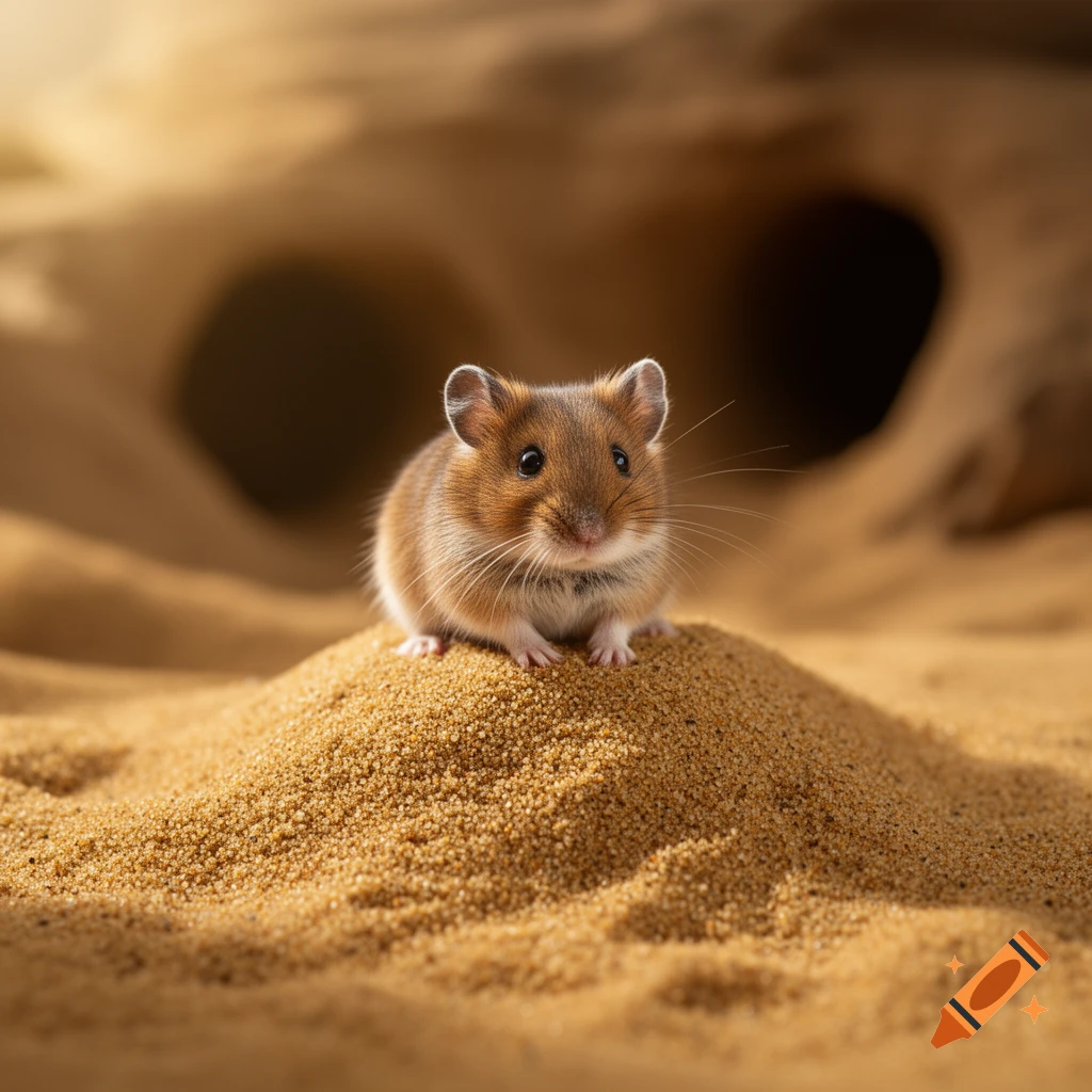 A small brown and white hamster-like rodent sits on a sand dune, with blurred sandy burrows in the background.