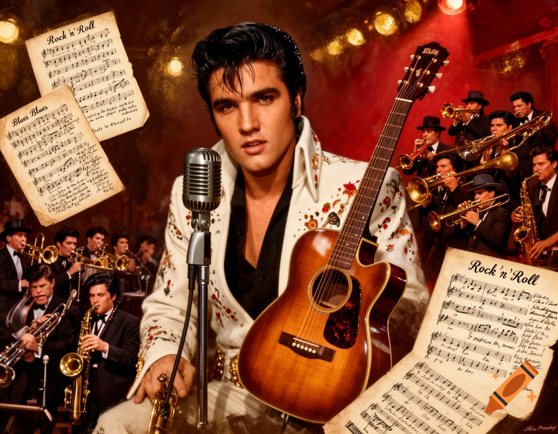 A collage featuring Elvis Presley in a white suit, holding a guitar and standing at a microphone, with a brass band behind him and music sheets labeled "Rock n' Roll" and "Blues".