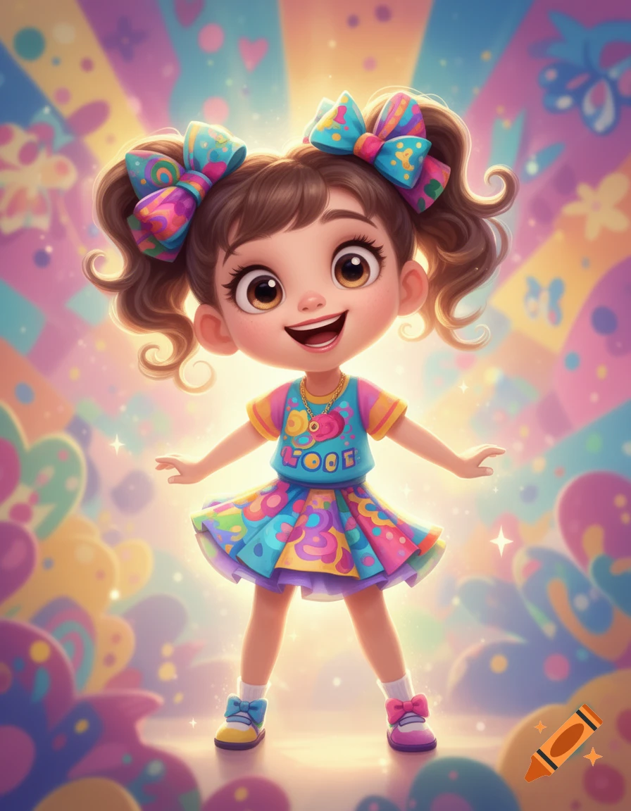 A cute cartoon girl with pigtails and bows smiles, wearing a vibrant dress, in a whimsical, colorful background.