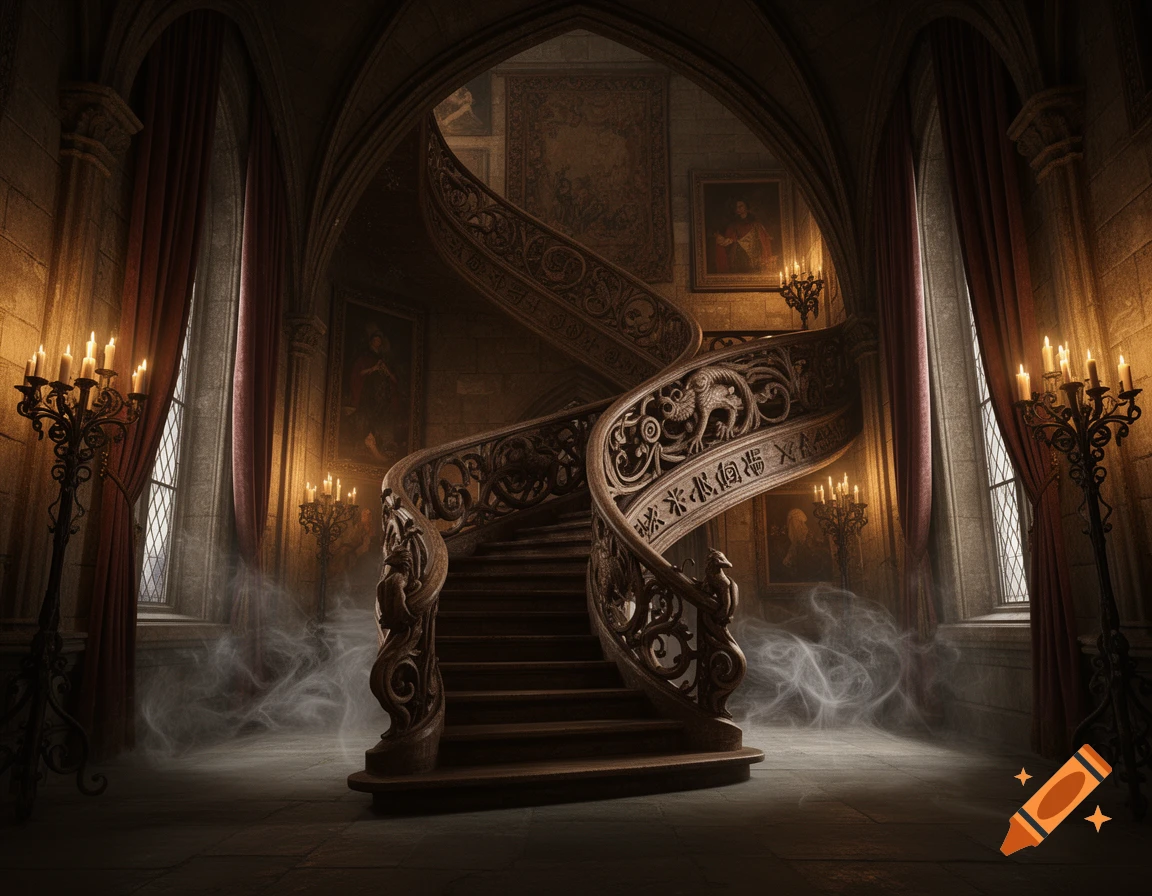 Dramatic interior of a gothic manor foyer with an ornate wooden spiral staircase, mist on the stone floor, and flickering candlelight.