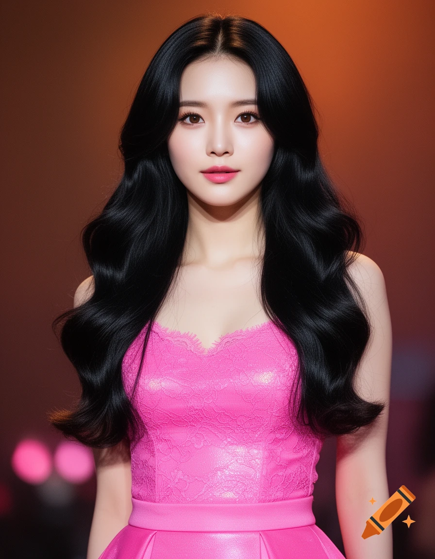 A woman with long wavy black hair and dark brown eyes wears a pink lace top and skirt, looking at the viewer against a blurred orange background.