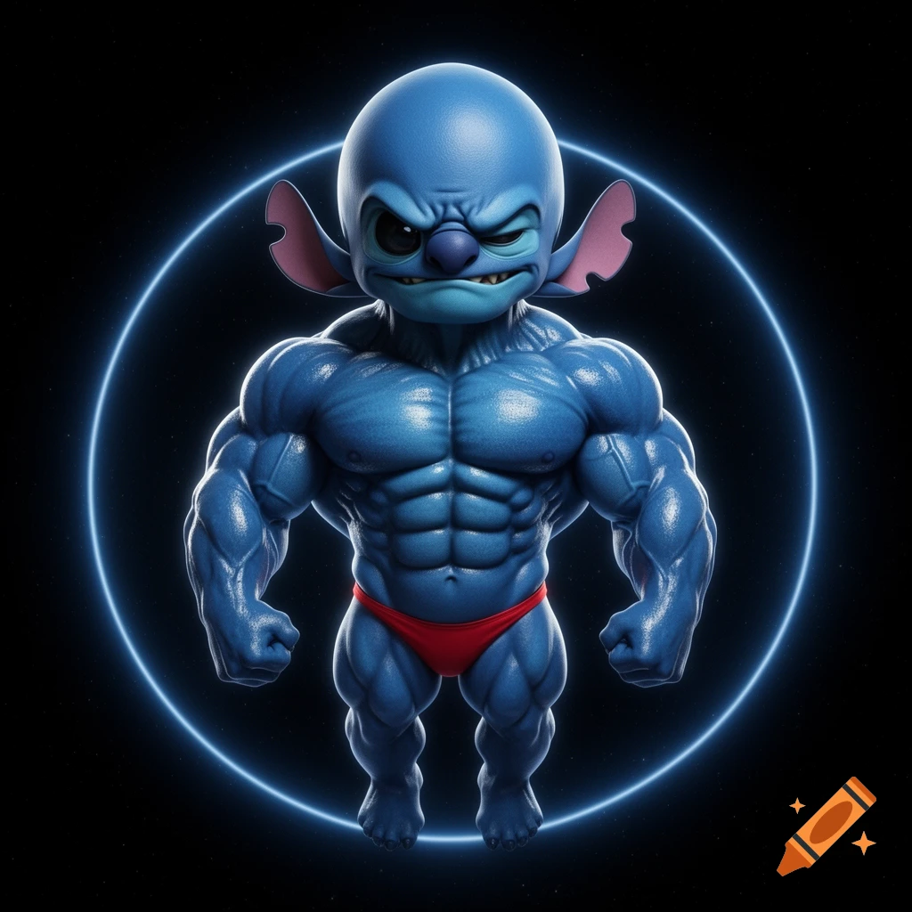 Hyper-realistic full-body image of a muscular blue alien resembling Stitch wearing a red thong, floating in space with a blue aura.