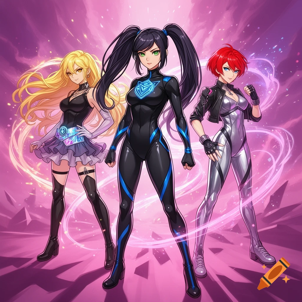 Three anime-style female warriors: a blonde in black, a black-haired woman in a black and blue suit, and a red-haired woman in silver, against a pink magical background.