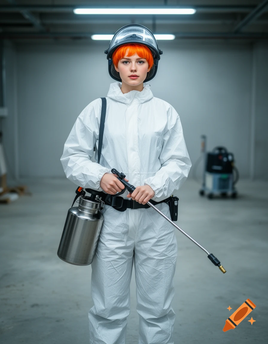 Young woman with orange hair in a white pest control hazmat suit and helmet, holding a pump sprayer in an industrial setting.