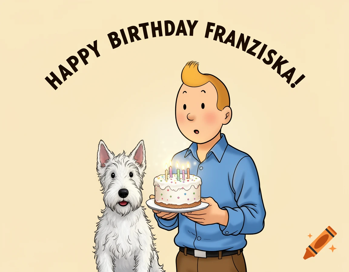 Cartoon illustration of Tintin and Snowy celebrating a birthday with a cake, with "Happy Birthday Franziska!" text.