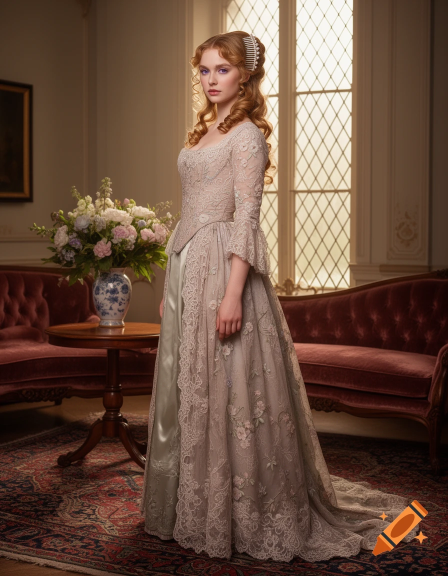 A young woman with reddish-blonde hair and lavender eyes in a detailed light Regency-era gown stands in an elegant room.