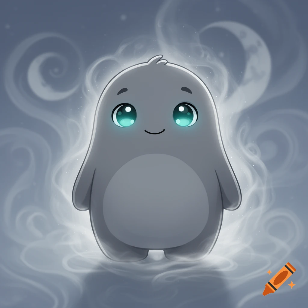 A cute, round, gray monster character with large, glowing blue eyes and a small smile, surrounded by ethereal white mist.
