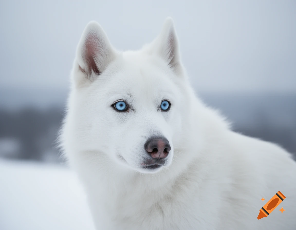 A photorealistic close-up of a white husky with striking blue eyes, looking at the camera against a soft, snowy background.