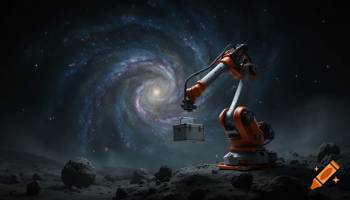 An orange and grey industrial KUKA robot stands on a rocky, moon-like surface, holding a box under a cosmic sky with a swirling galaxy.
