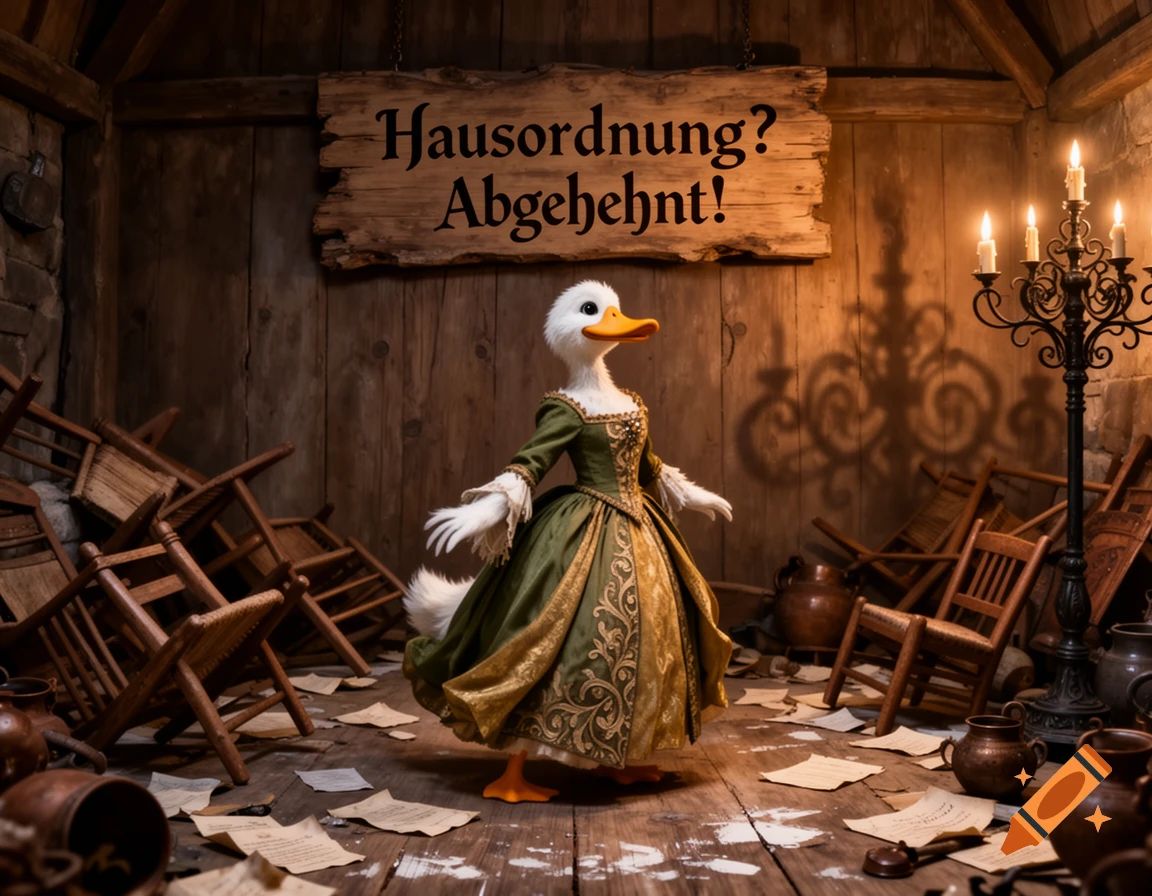 A duck in a historical green dress stands in a chaotic, rustic room with overturned chairs and a sign reading "Hausordnung? Abgelehnt!"